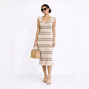 Freshman 1996 Cream and Brown Crochet Knit Boho Midi Dress. Size Medium